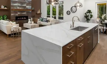 Image of installed Q Quartz Calacatta Goa Quartz countertops
