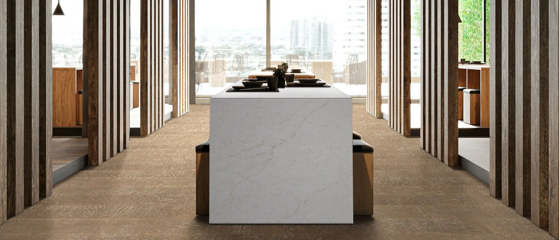 Image of installed Q Quartz Calacatta Karmelo Quartz countertops