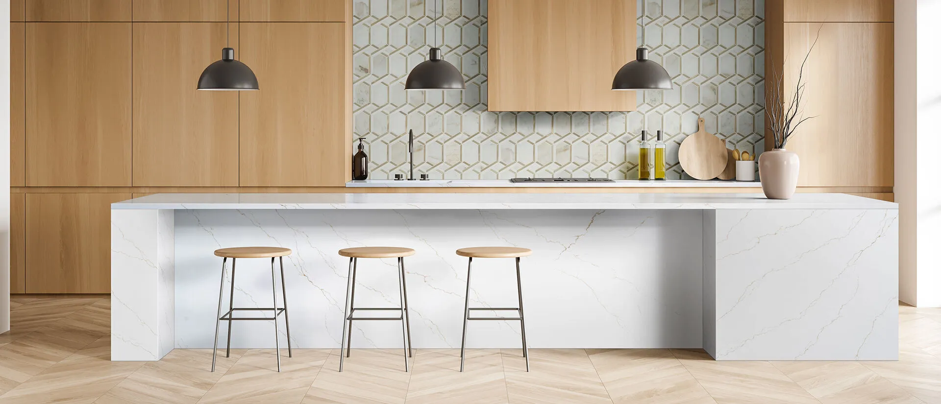Image of installed Q Quartz Calacatta Miraggio Gold Quartz countertops