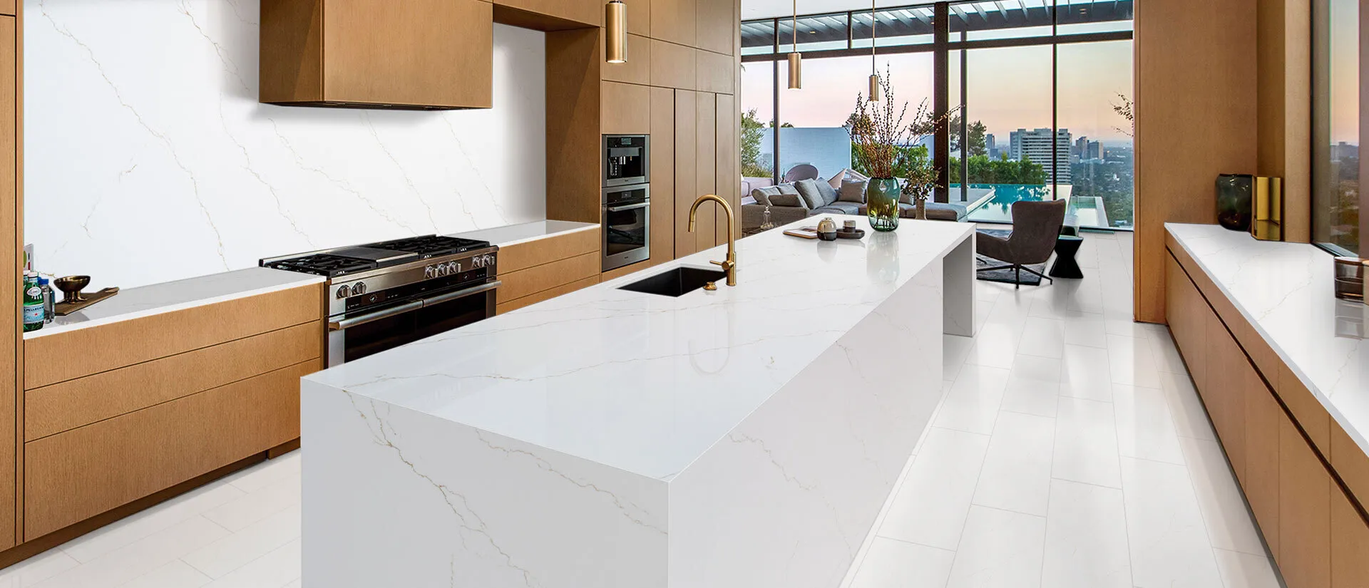 Image of installed Q Quartz Calacatta Miraggio Gold Quartz countertops