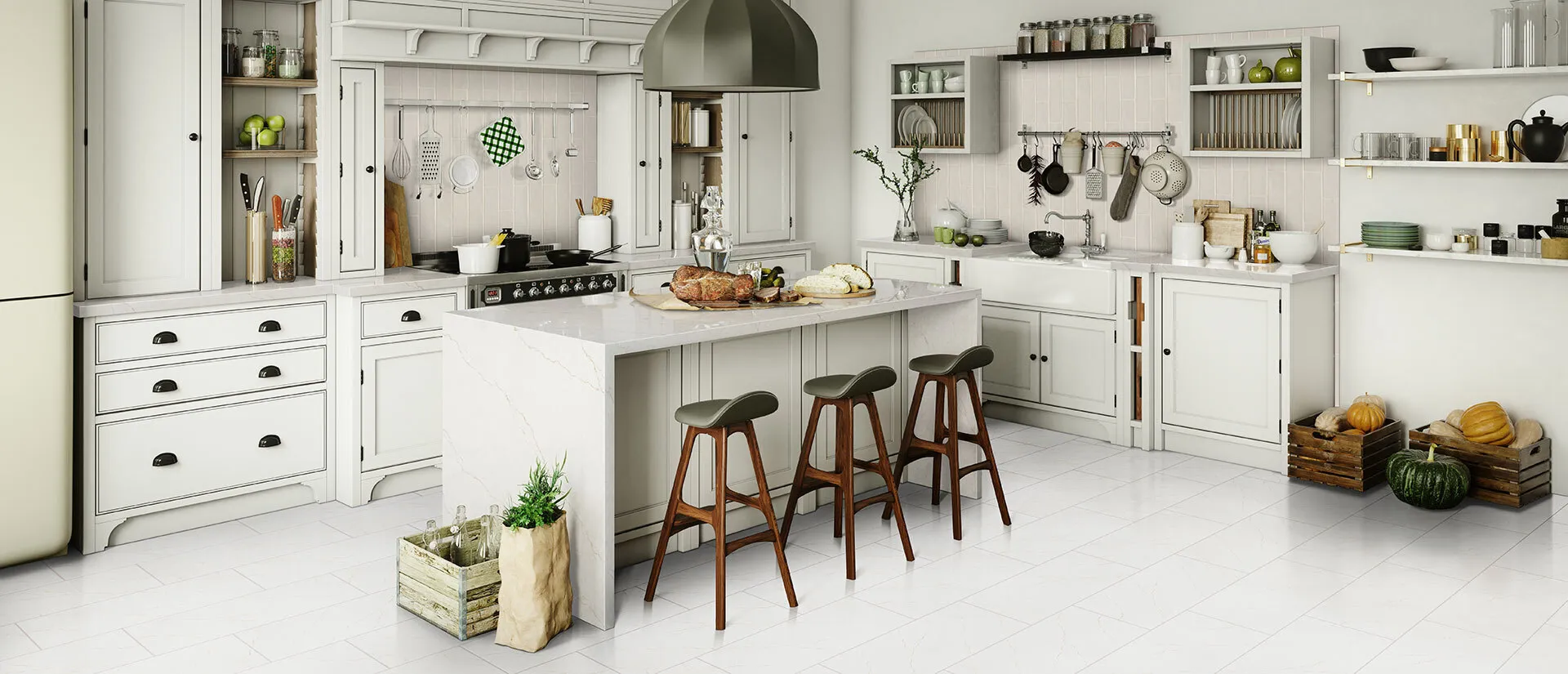 Image of installed Q Quartz Calacatta Miraggio Gold Quartz countertops