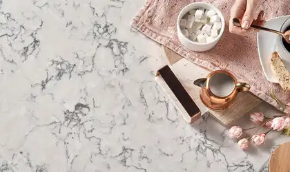 Image of installed Q Quartz Blanca Arabescato White Quartz countertops