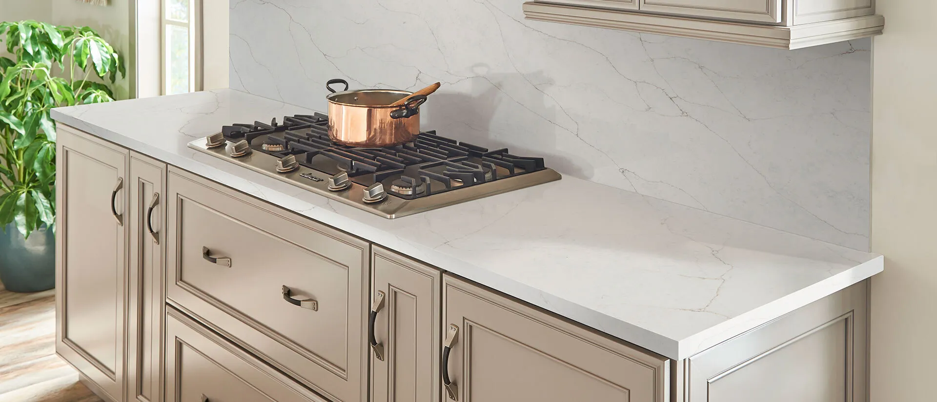 Image of installed Q Quartz Calacatta Prado White Quartz countertops
