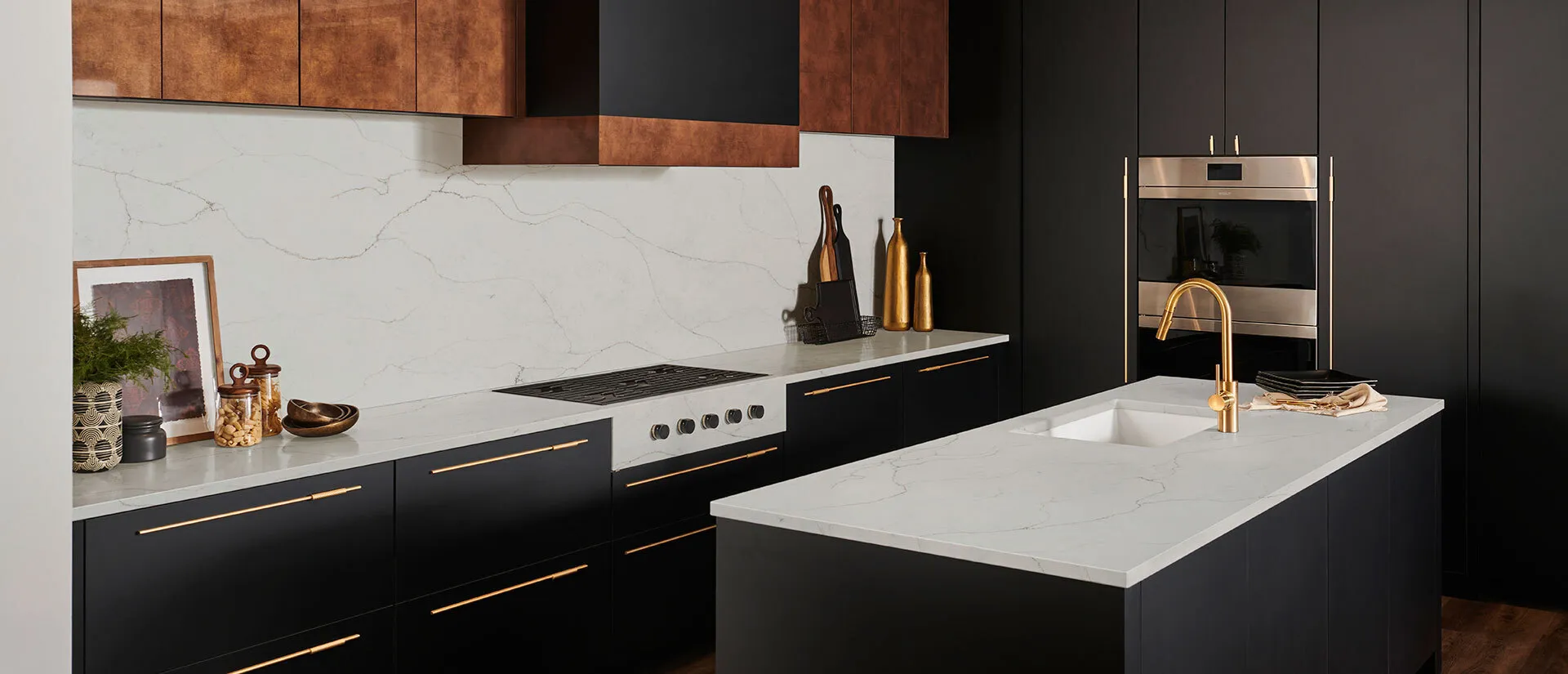 Image of installed Q Quartz Calacatta Prado White Quartz countertops