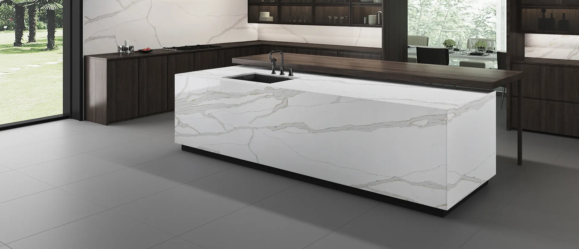 Image of installed Q Quartz Calacatta Solessio Quartz countertops