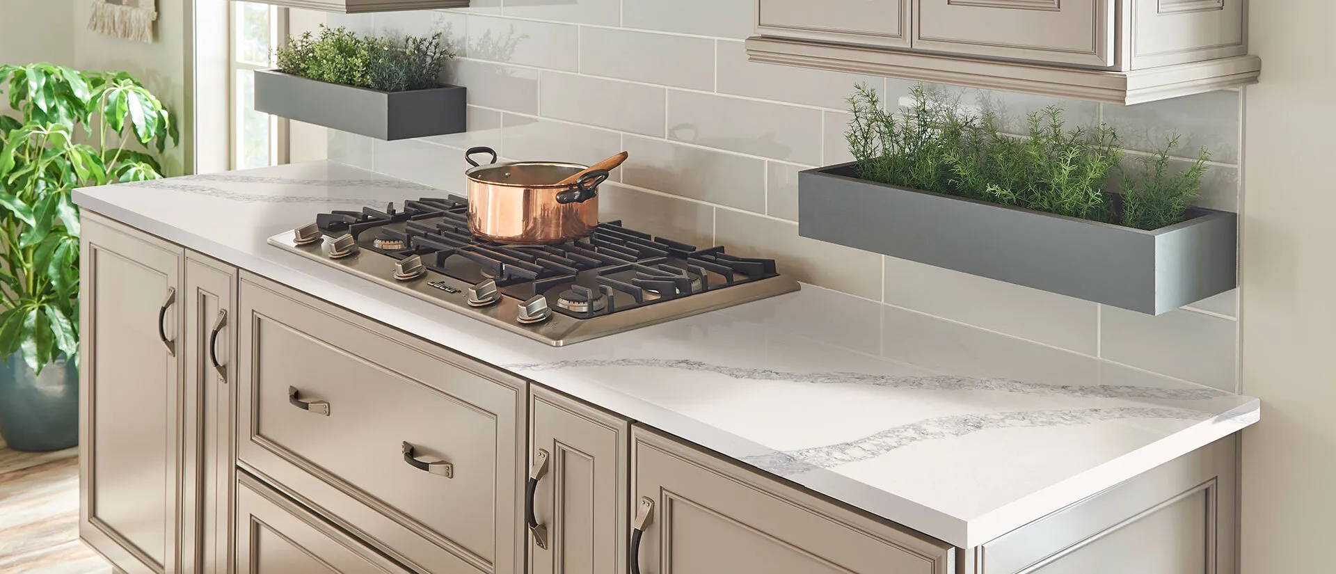 Image of installed Q Quartz Calacatta Venice White Quartz countertops