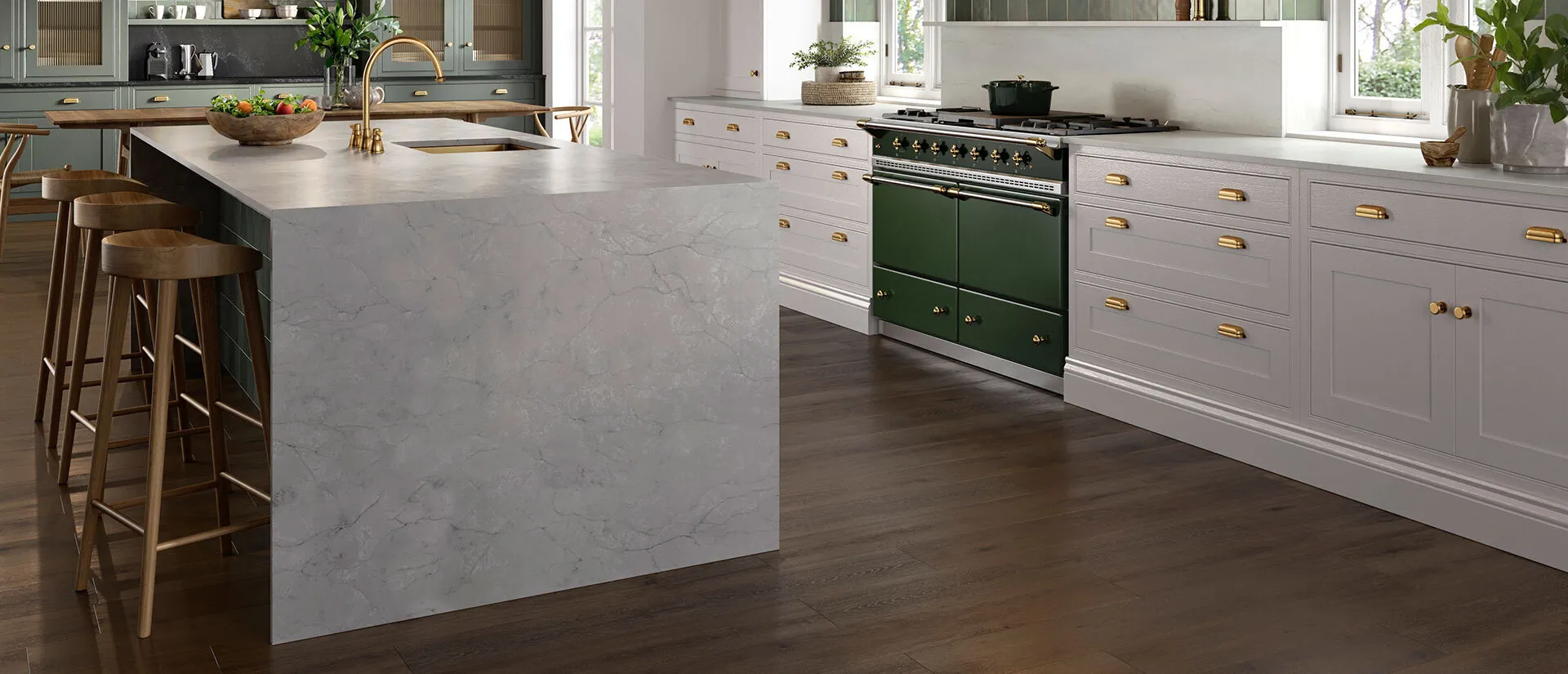 Image of installed Q Quartz Calacatta Versailles Quartz countertops
