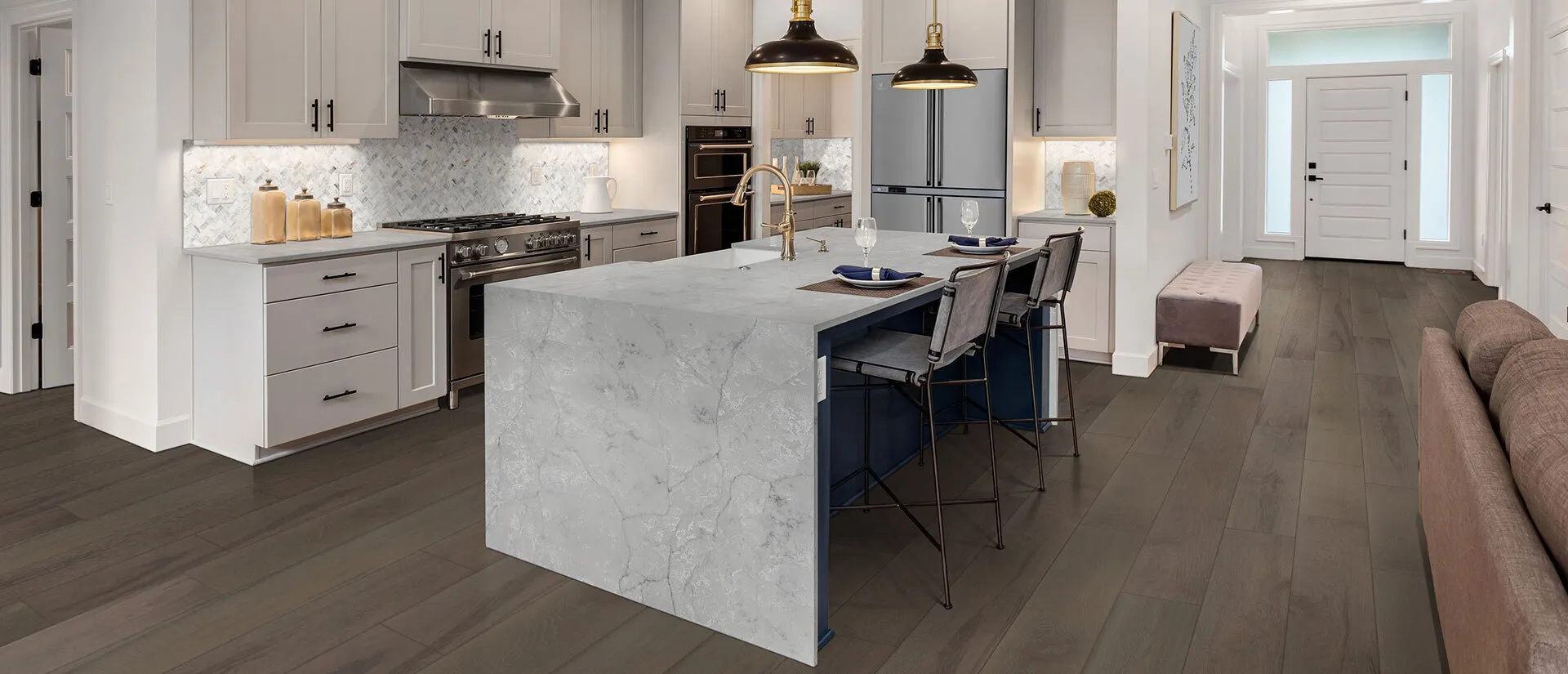 Image of installed Q Quartz Calacatta Versailles Quartz countertops