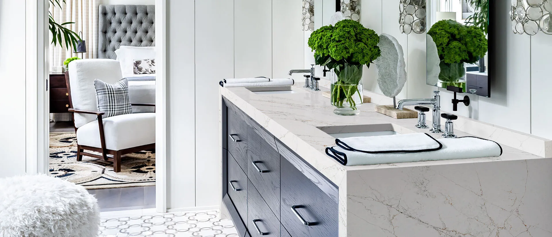 Image of installed Q Quartz Calacatta Viraldi White Quartz countertops