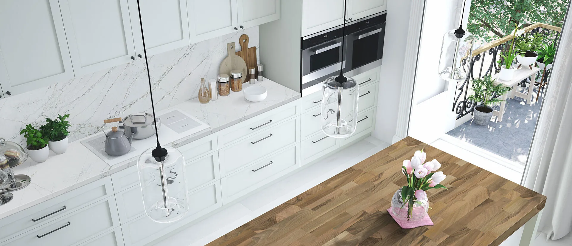 Image of installed Q Quartz Calacatta Viraldi White Quartz countertops