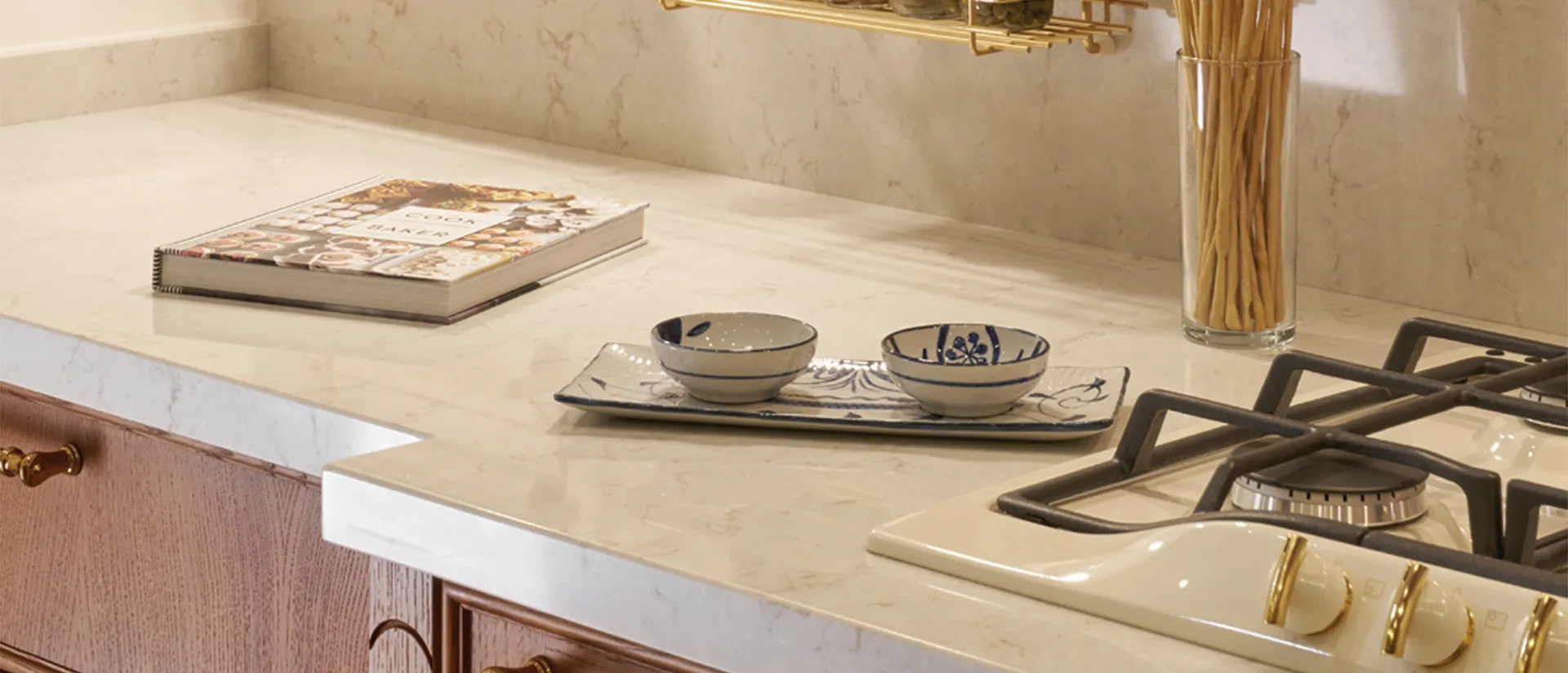 Image of installed Q Quartz Cashmere Taj Brown Quartz countertops