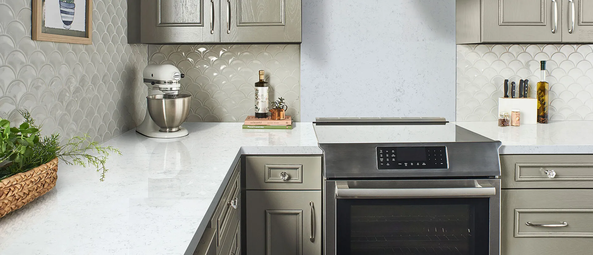Image of installed Q Quartz Fairy White Quartz countertops