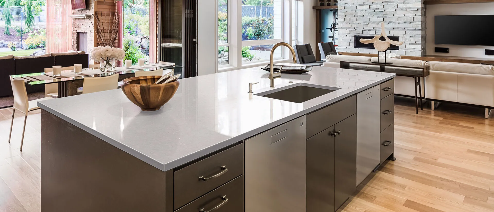 Image of installed Q Quartz Fossil Gray Quartz countertops