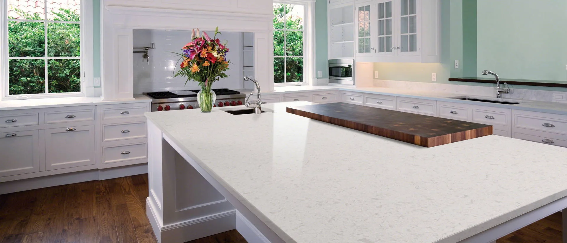 Image of installed Q Quartz Glacier White Quartz countertops