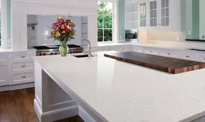 Image of installed Q Quartz Glacier White Quartz countertops