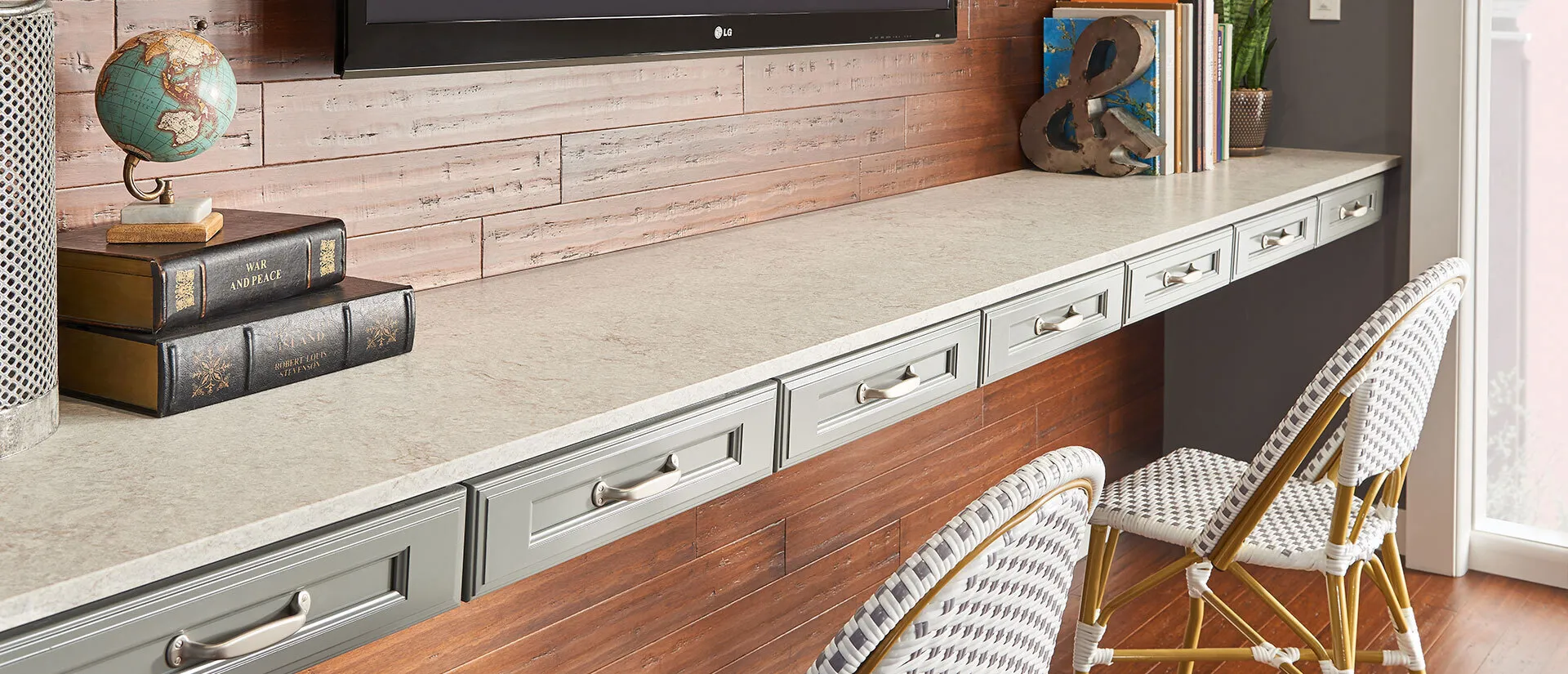 Image of installed Q Quartz Gray Lagoon Quartz countertops