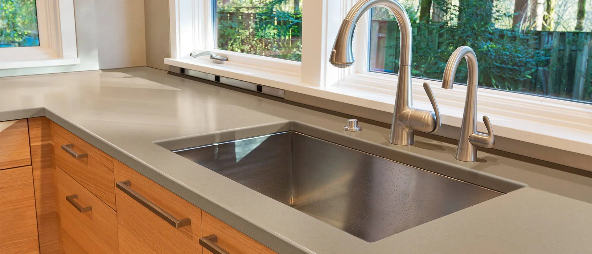 Image of installed Q Quartz Hazelwood Quartz countertops