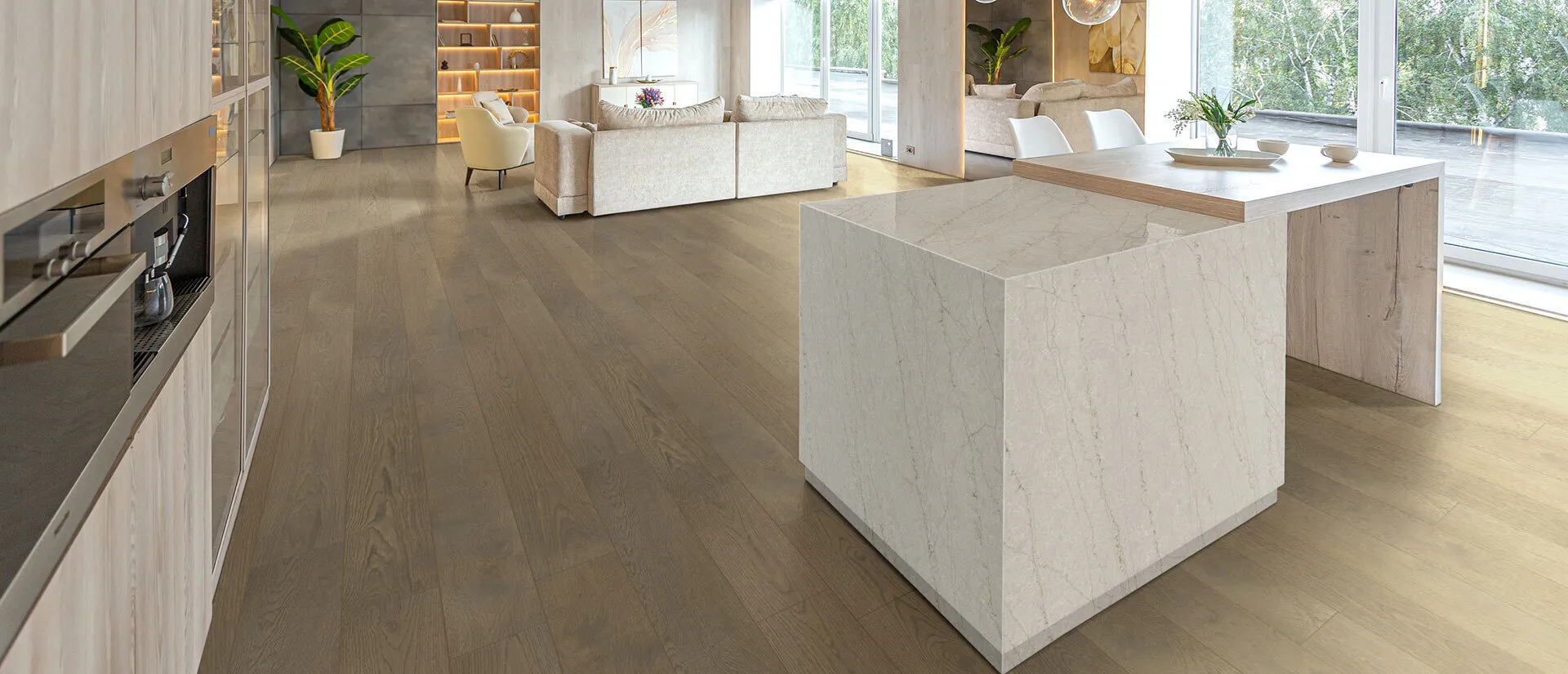 Image of installed Q Quartz Lumataj Cream Quartz countertops