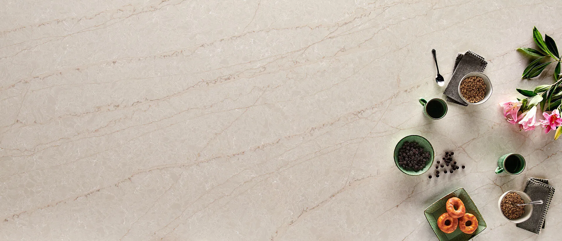Image of installed Q Quartz Lumataj Cream Quartz countertops