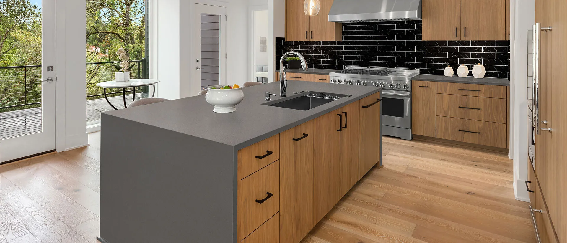 Image of installed Q Quartz Macabo Gray Grey Quartz countertops