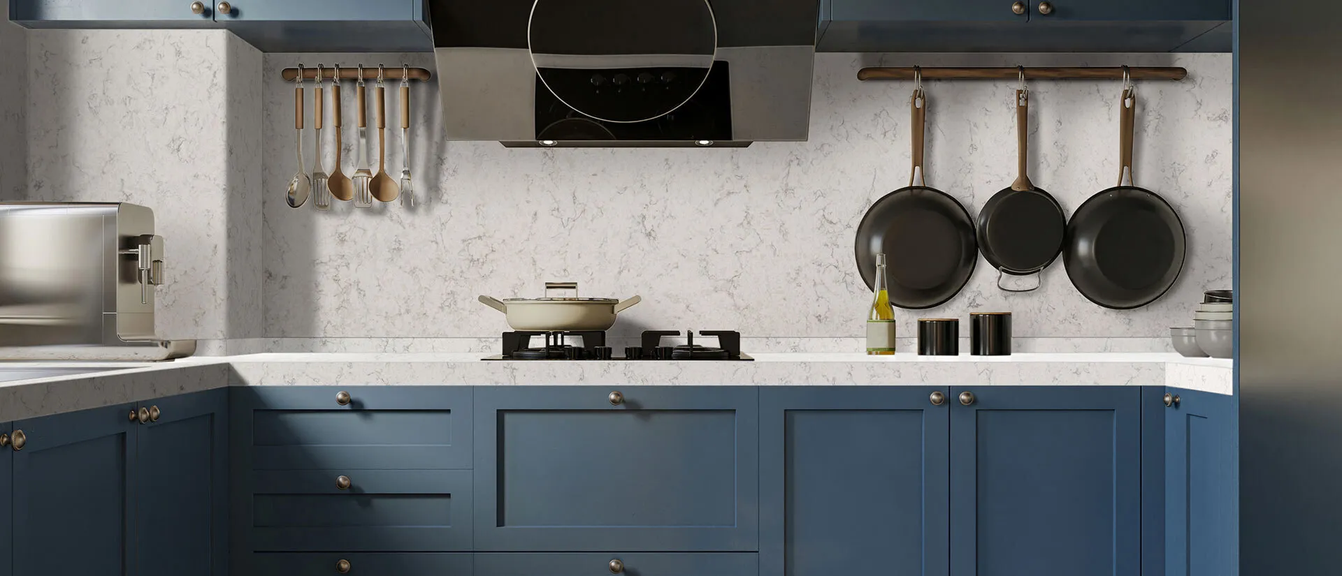 Image of installed Q Quartz Mara Blanca Quartz countertops