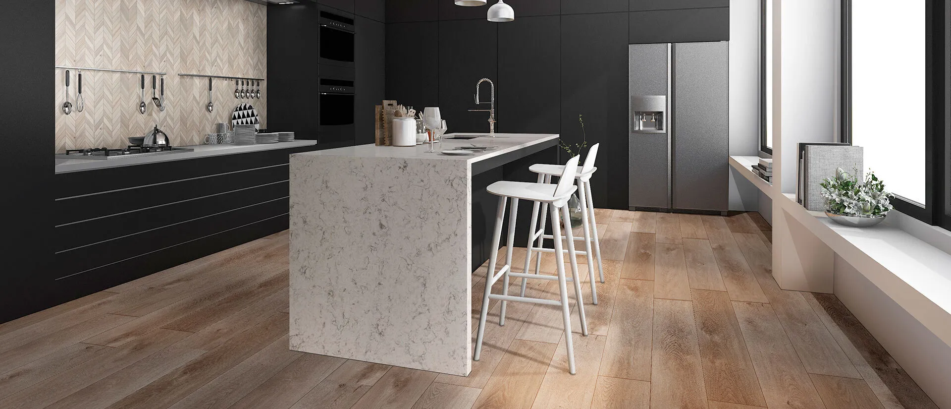 Image of installed Q Quartz Mara Blanca Quartz countertops
