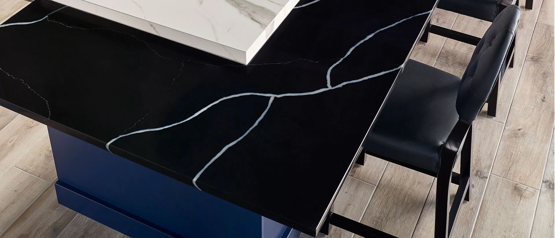 Image of installed Q Quartz Marquina Midnight Quartz countertops