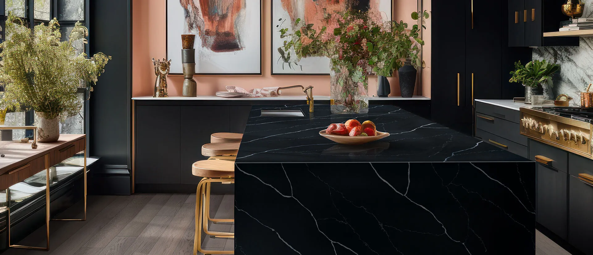 Image of installed Q Quartz Marquina Midnight Quartz countertops