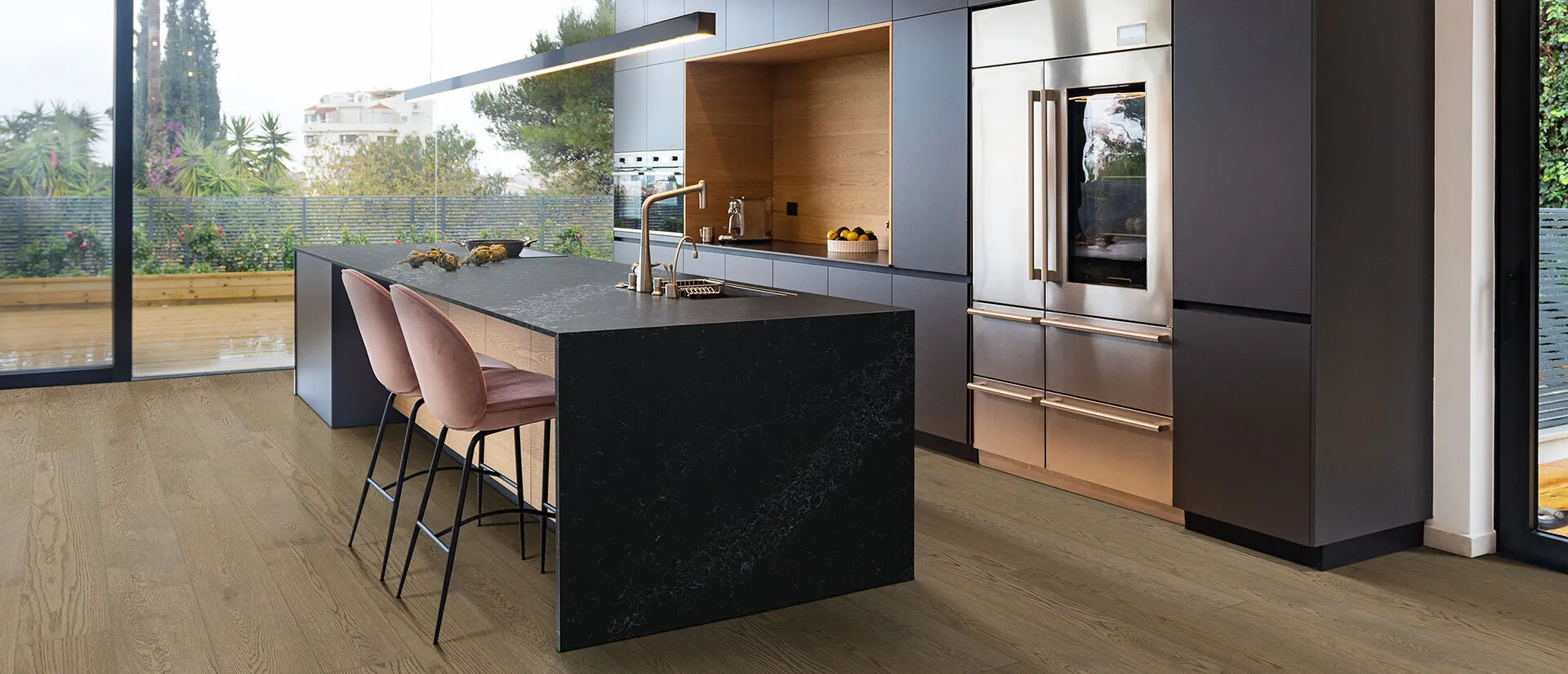 Image of installed Q Quartz Midnight Corvo Quartz countertops