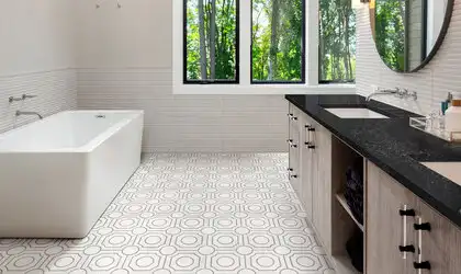 Image of installed Q Quartz Midnight Corvo Quartz countertops