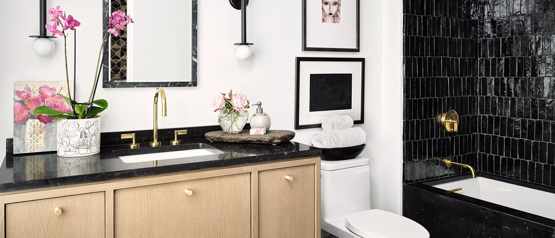 Image of installed Q Quartz Midnight Corvo Quartz countertops