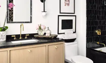 Image of installed Q Quartz Midnight Corvo Quartz countertops