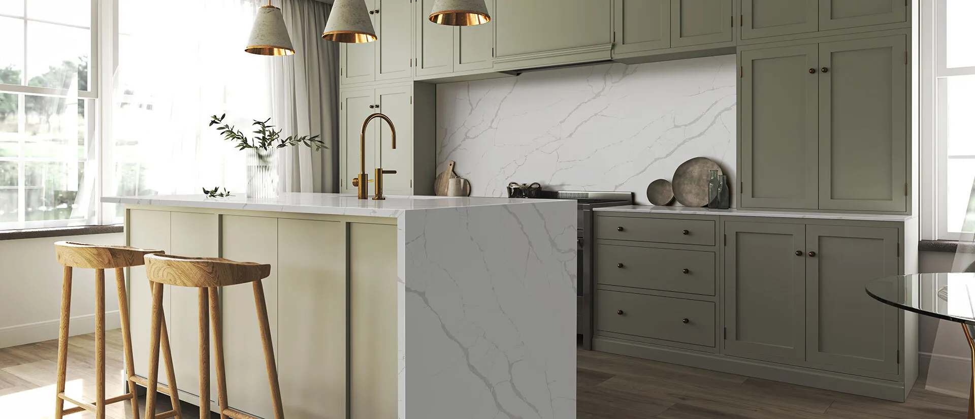 Image of installed Q Quartz New Calacatta Laza White Quartz countertops