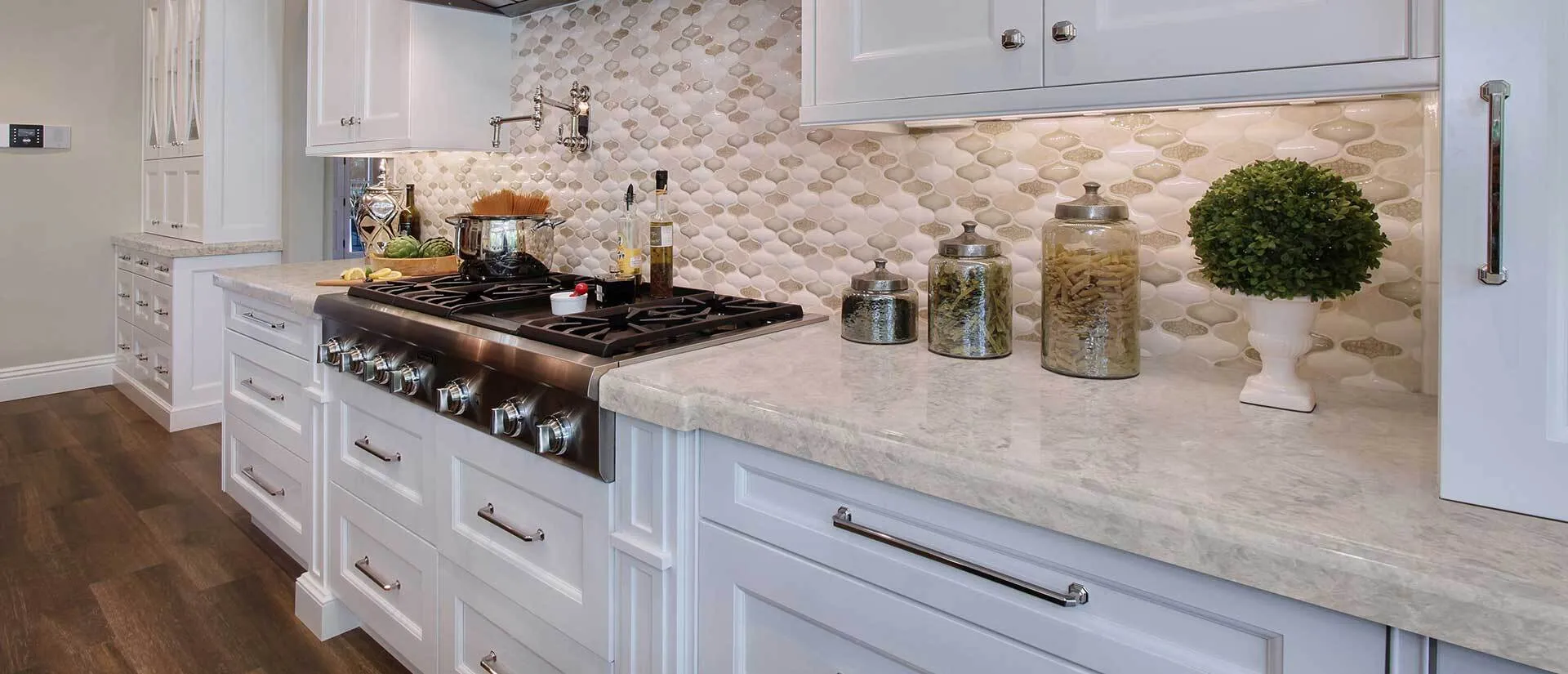Image of installed Q Quartz Portico Cream Brown Quartz countertops