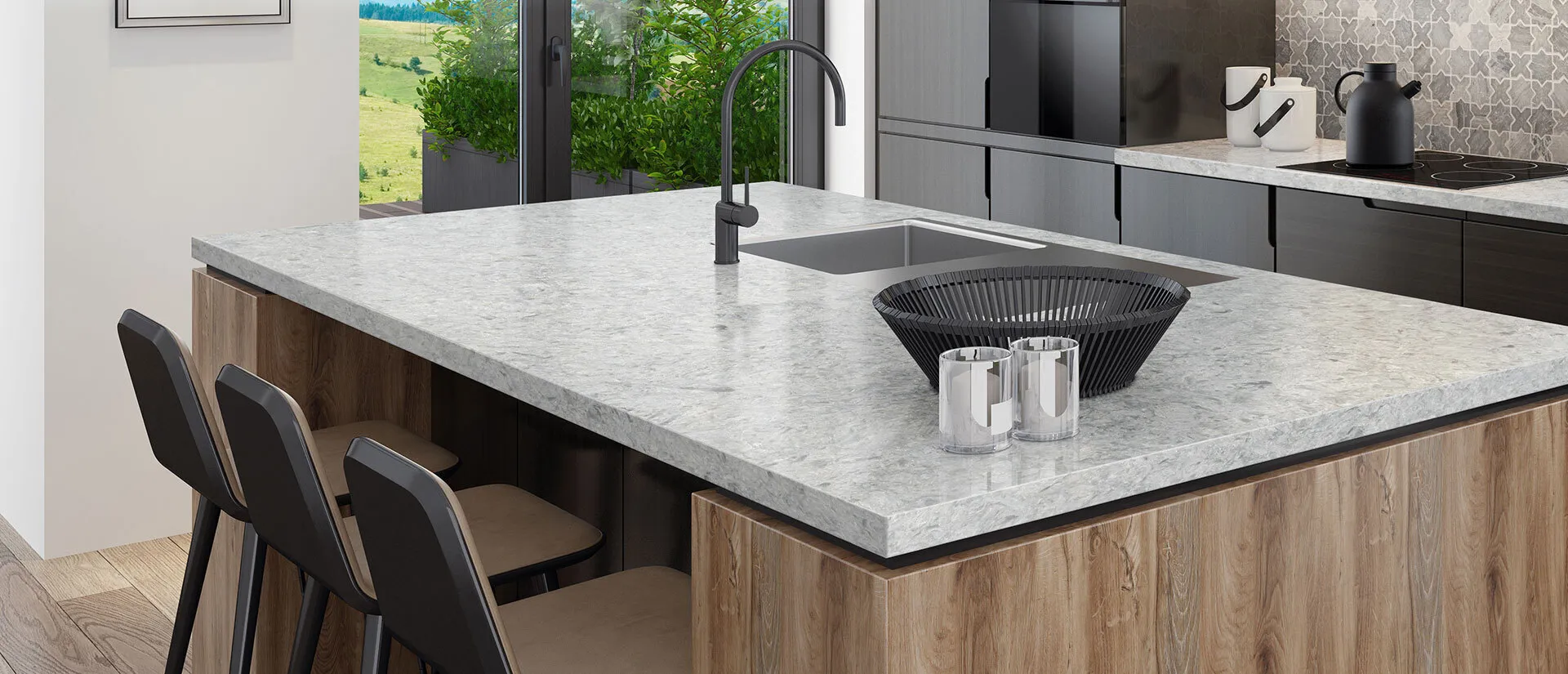 Image of installed Q Quartz Rolling Fog Quartz countertops