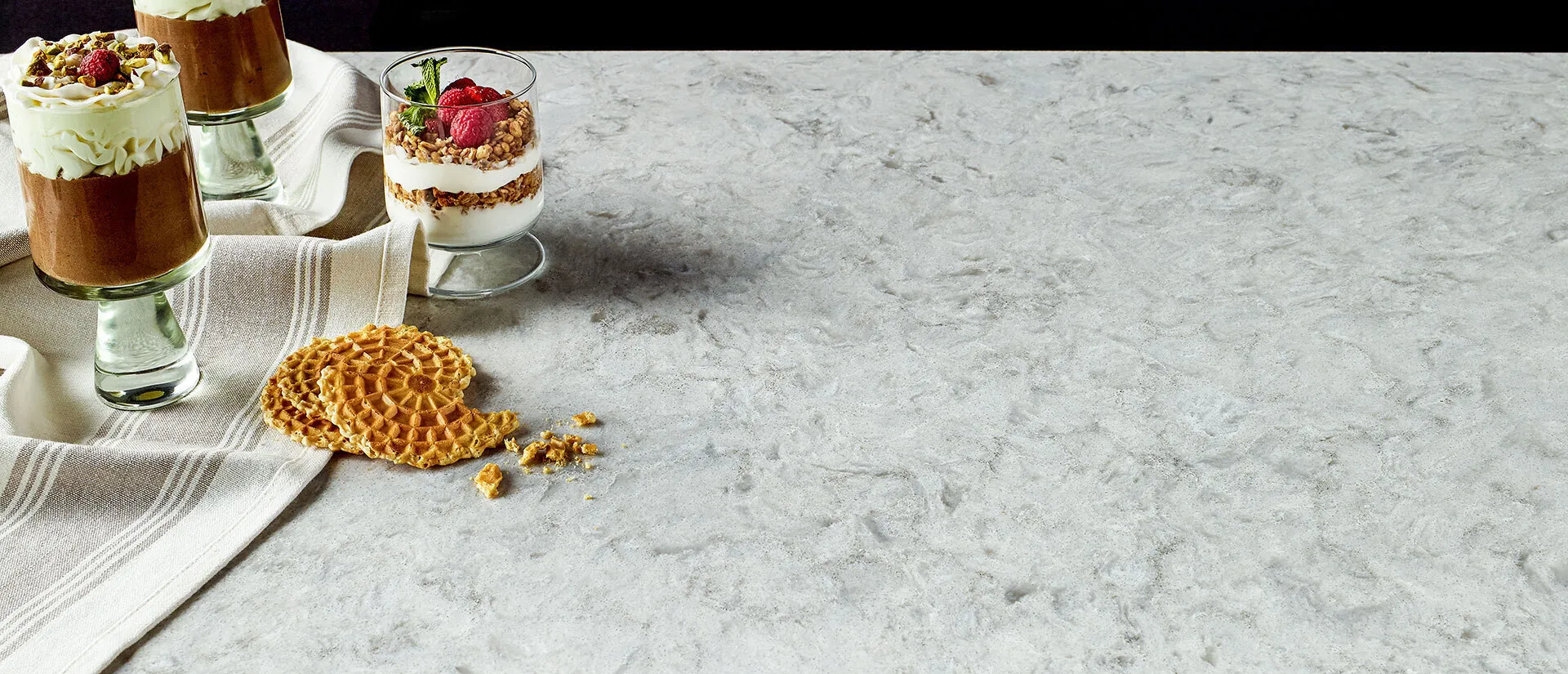 Image of installed Q Quartz Rolling Fog Quartz countertops