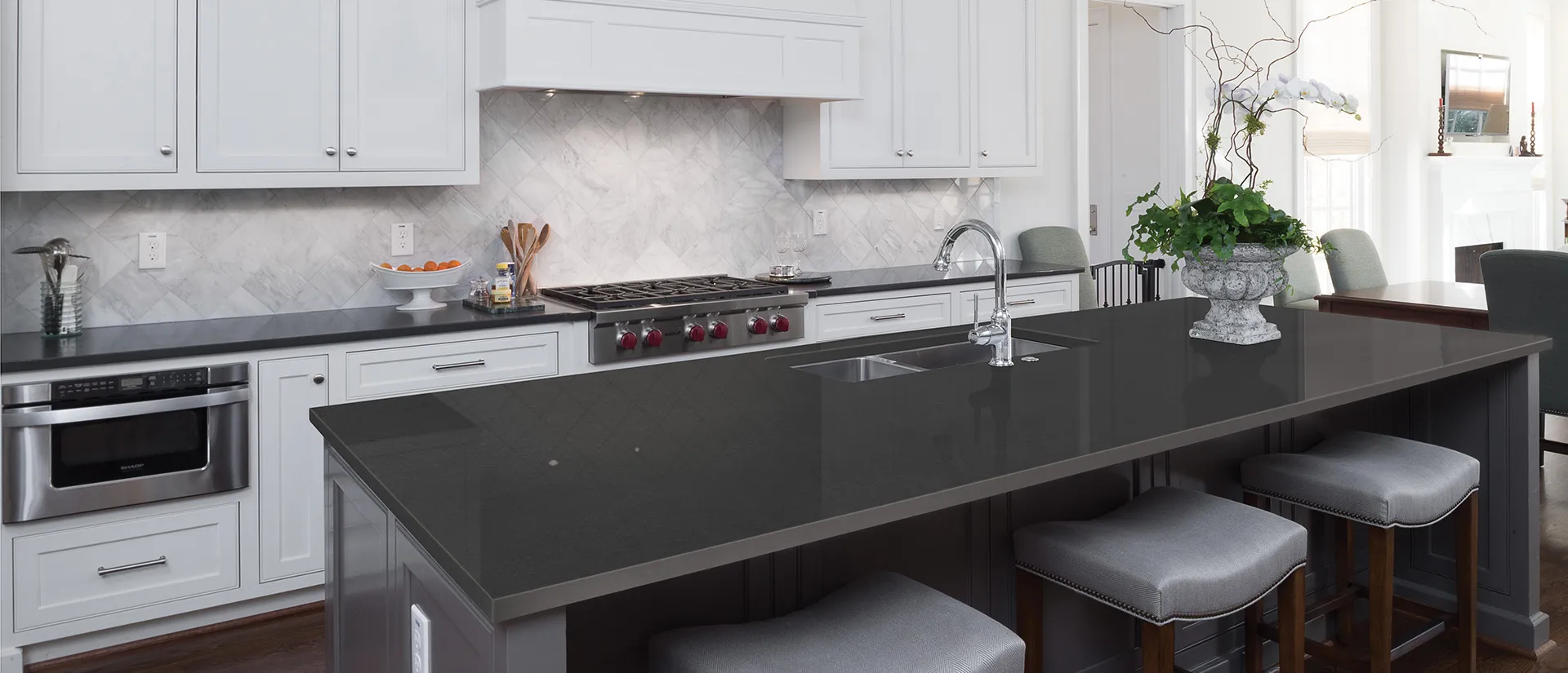 Image of installed Q Quartz Shadow Gray Quartz countertops