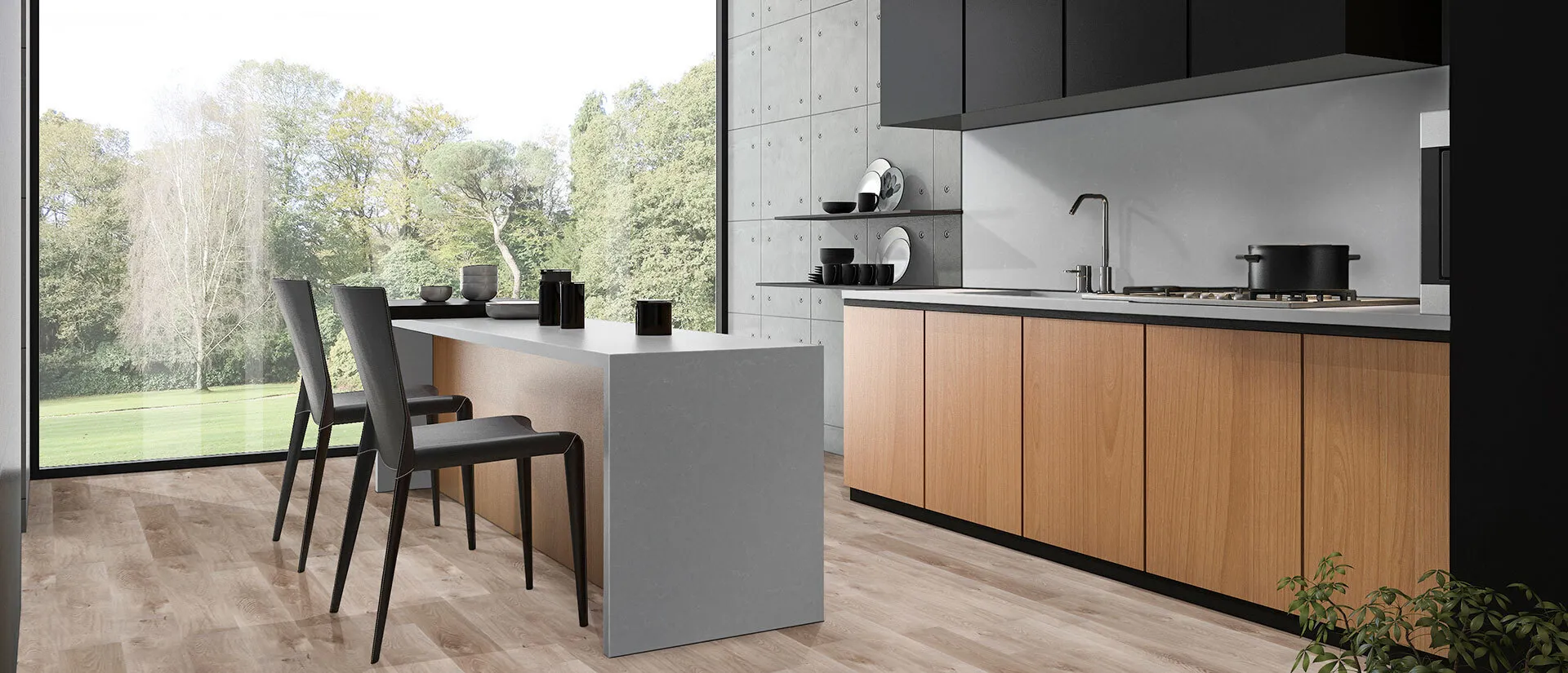Image of installed Q Quartz Smoked Pearl Quartz countertops