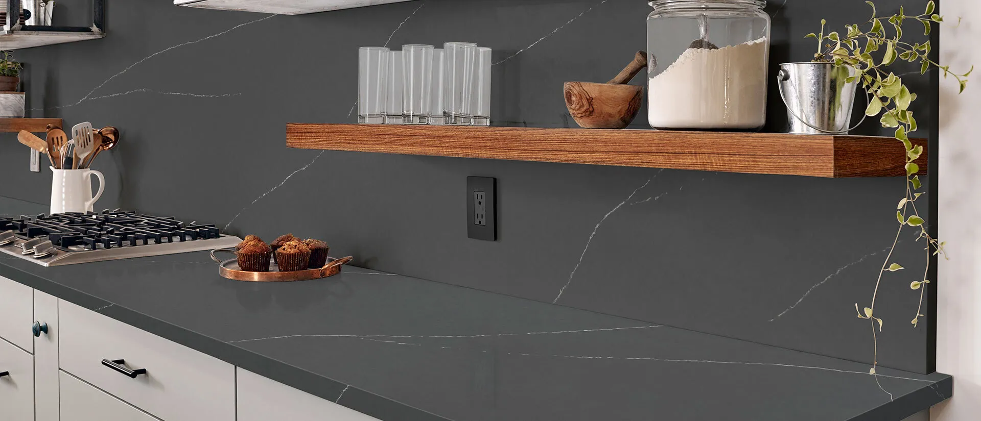 Image of installed Q Quartz Soapstone Metropolis Grey Quartz countertops