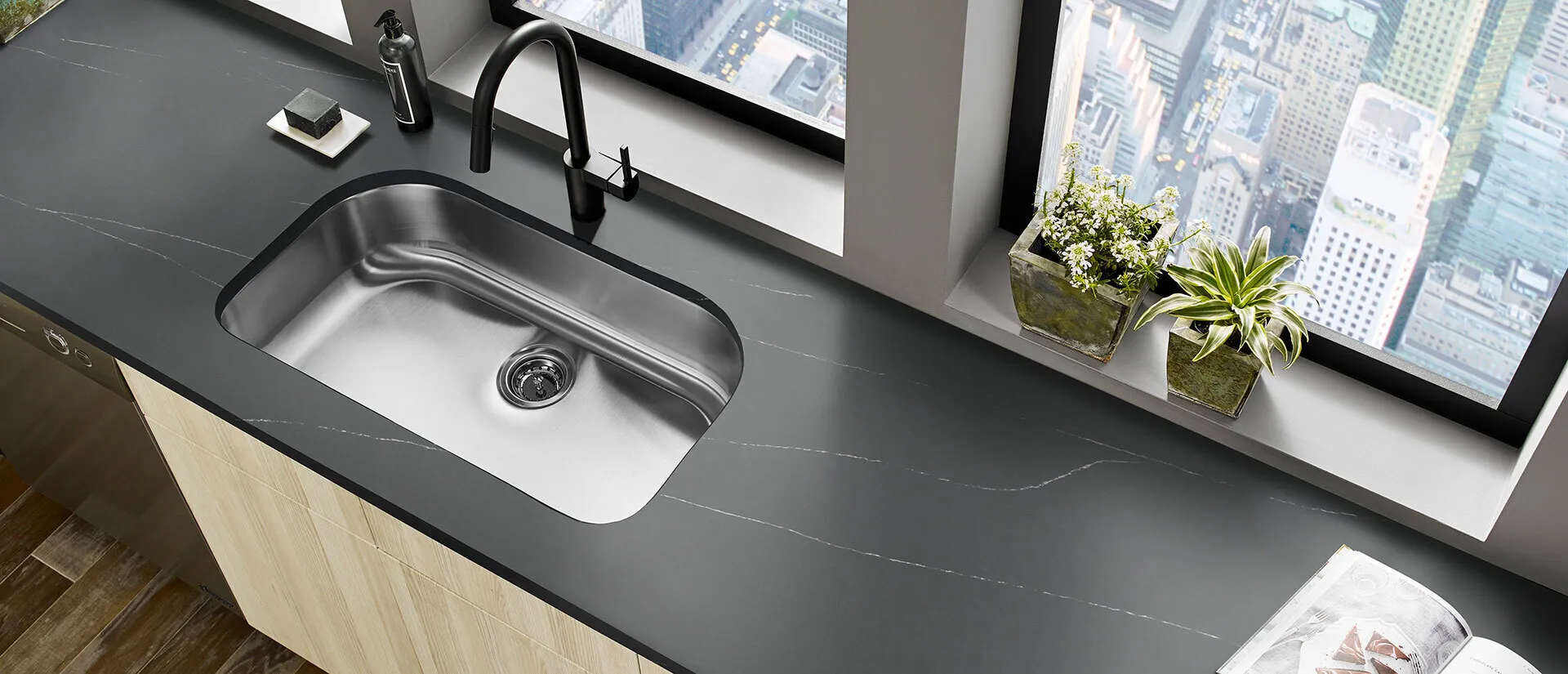 Image of installed Q Quartz Soapstone Metropolis Grey Quartz countertops