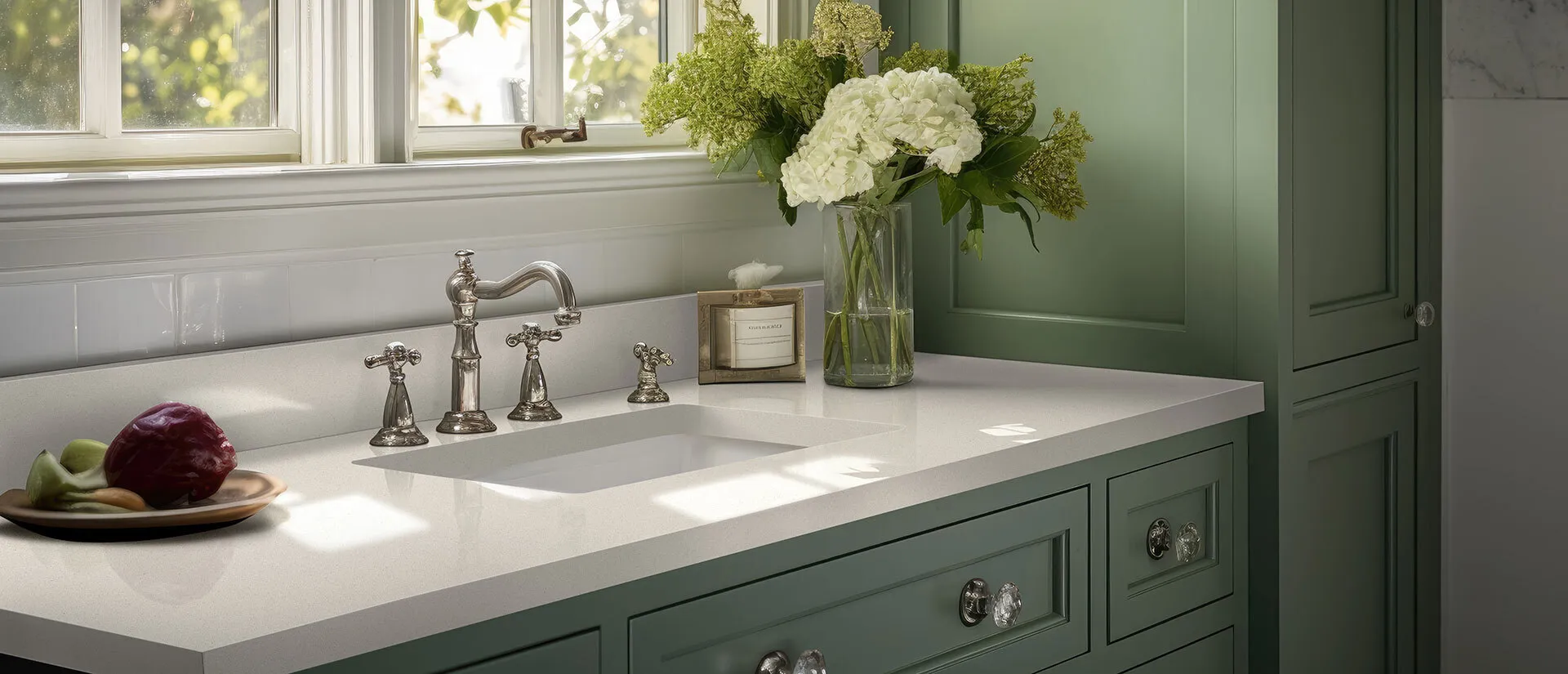 Image of installed Q Quartz Aruca White White Quartz countertops