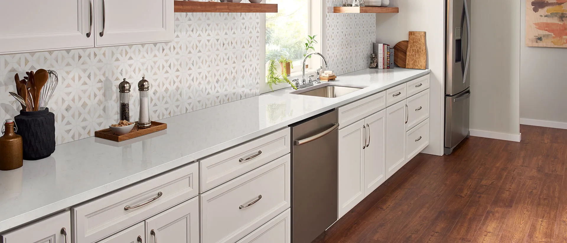 Image of installed Q Quartz Carrara Miksa White Quartz countertops