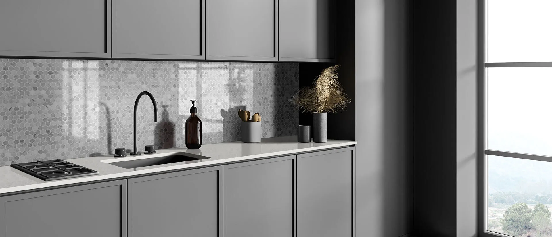 Image of installed Q Quartz Carrara Miksa White Quartz countertops
