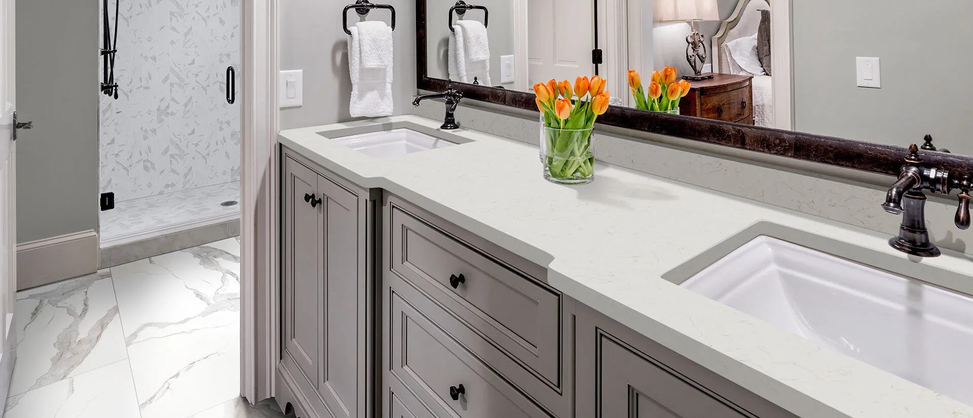 Image of installed Q Quartz Carrara Miksa White Quartz countertops