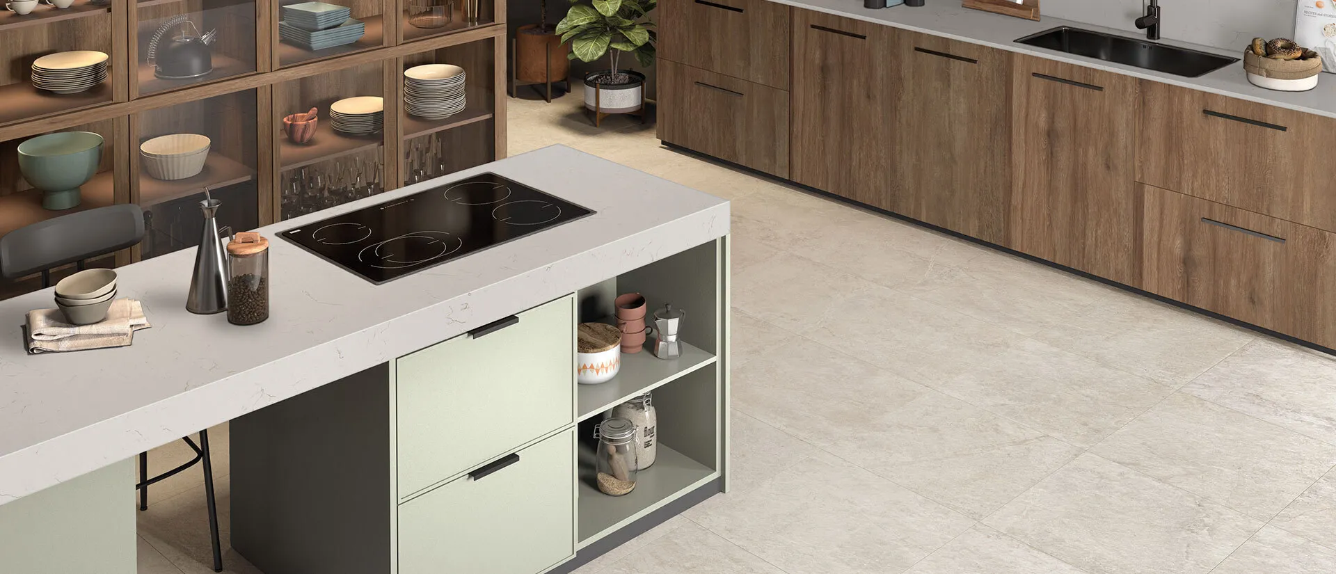 Image of installed Q Quartz Carrara Trigato White Quartz countertops