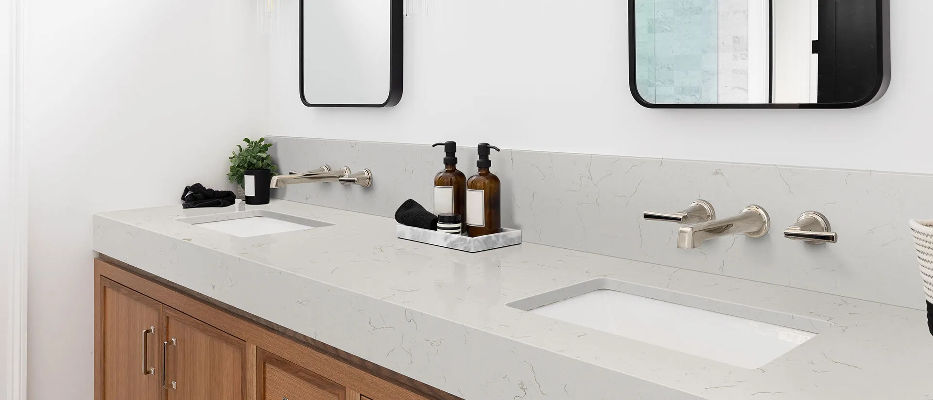 Image of installed Q Quartz Carrara Trigato White Quartz countertops