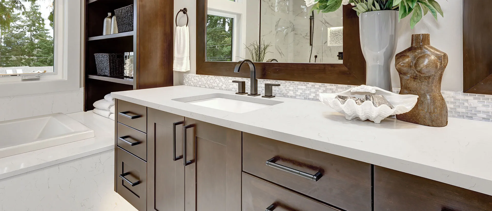 Image of installed Q Quartz Carrara Trigato White Quartz countertops
