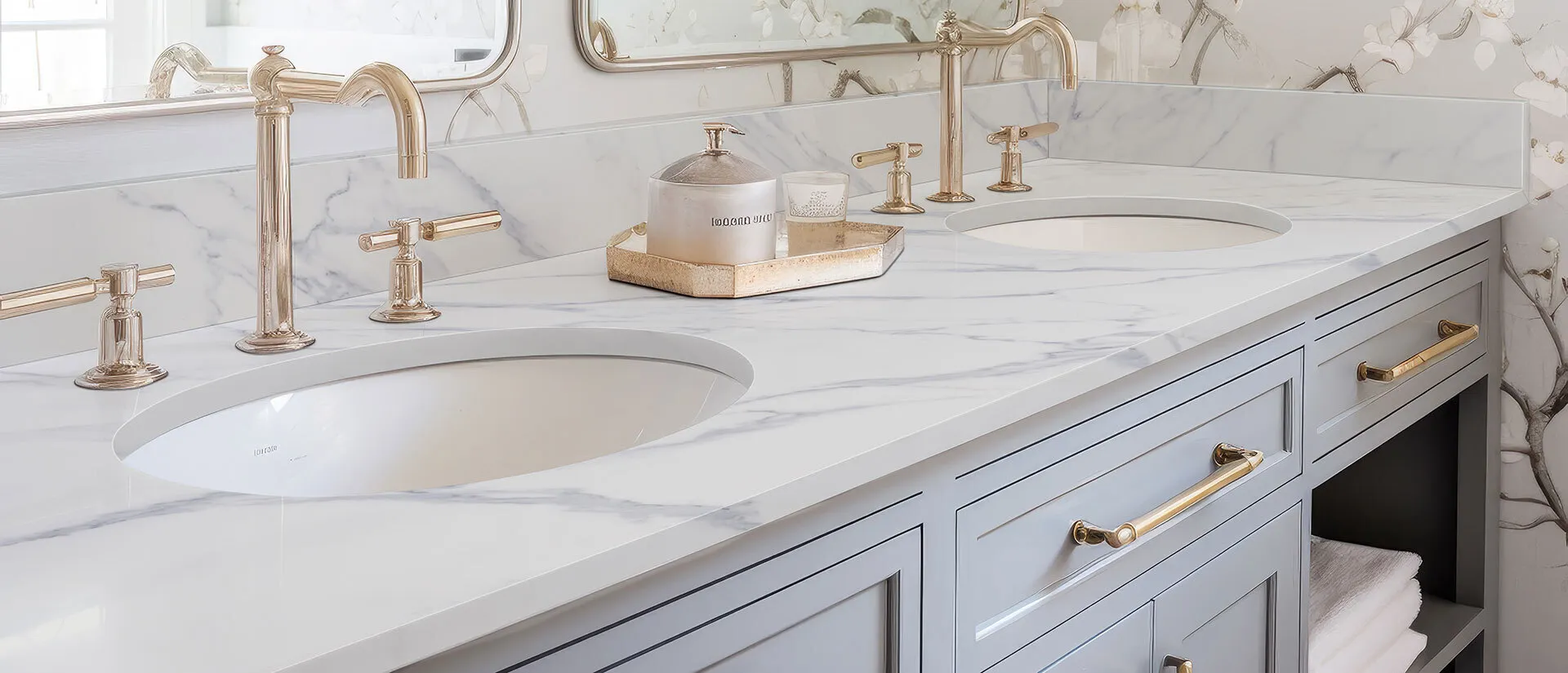 Image of installed Q Quartz Calacatta Anava White Quartz countertops