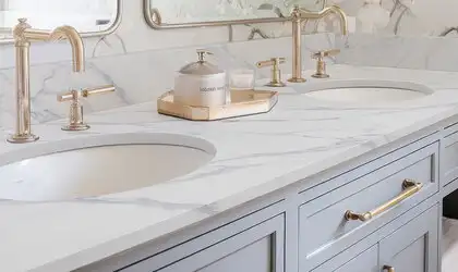 Image of installed Q Quartz Calacatta Anava White Quartz countertops