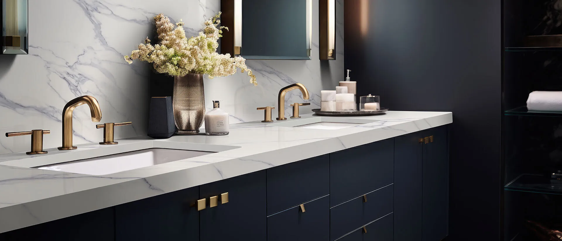 Image of installed Q Quartz Calacatta Anava White Quartz countertops
